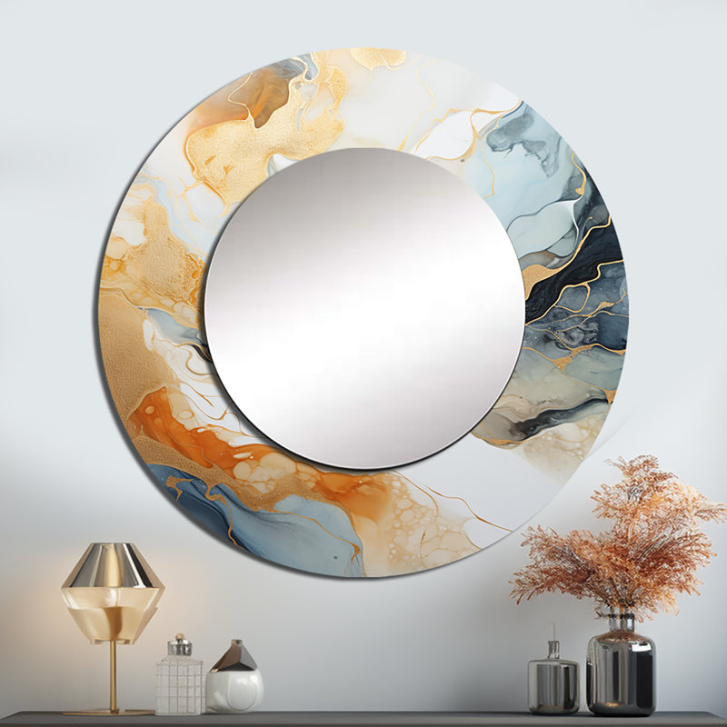 Peinture abstraite beige et doré Geyser I - miroir décoratif de formes abstraites, miroir mural rond beige, impression d'art en métal
