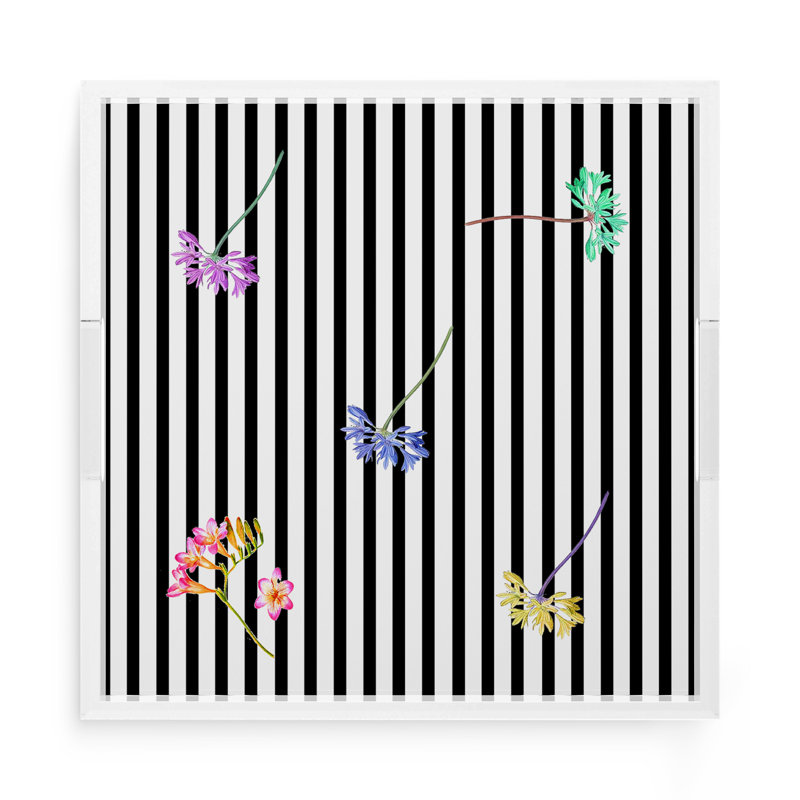Floral Stripes Black Acrylic Square Decorative Tray, 15"W x 15"D x 2"H