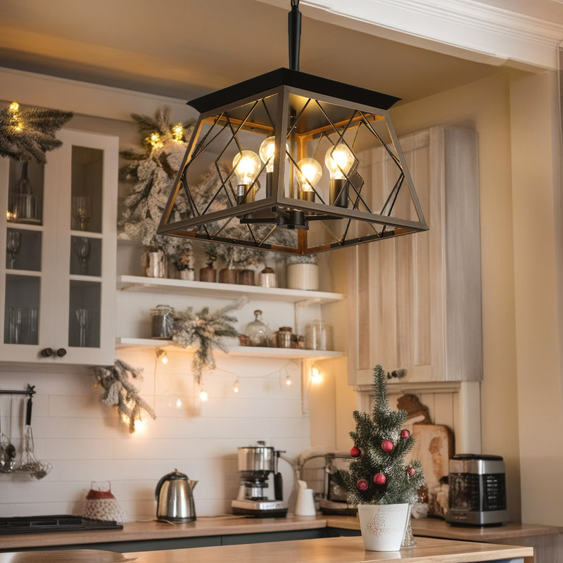 Luminaire suspendu style lustre 4 lumières de style campagnard en acier rustique pour salle à manger et cuisine, Brun