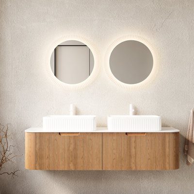 Meuble-lavabo 60 po, 2 tiroirs, lavabos en céramique blanche, contreplaqué haute résistance, lavabos à rayures 3D, texture grain de bois
