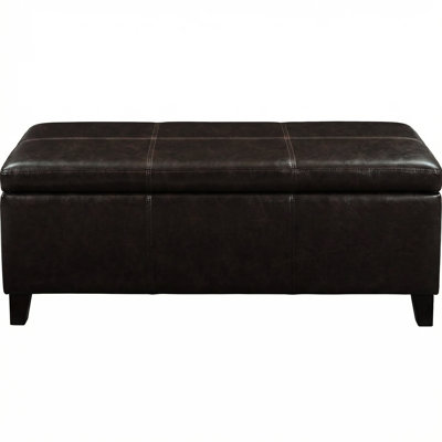 Banc de rangement rectangulaire contemporain de 124,6 cm de largeur, en similicuir végan brun vieilli, idéal pour les espaces familiaux et de vie, fabriqué en bois d'ingénierie massif, mousse haute densité, coutures apparentes