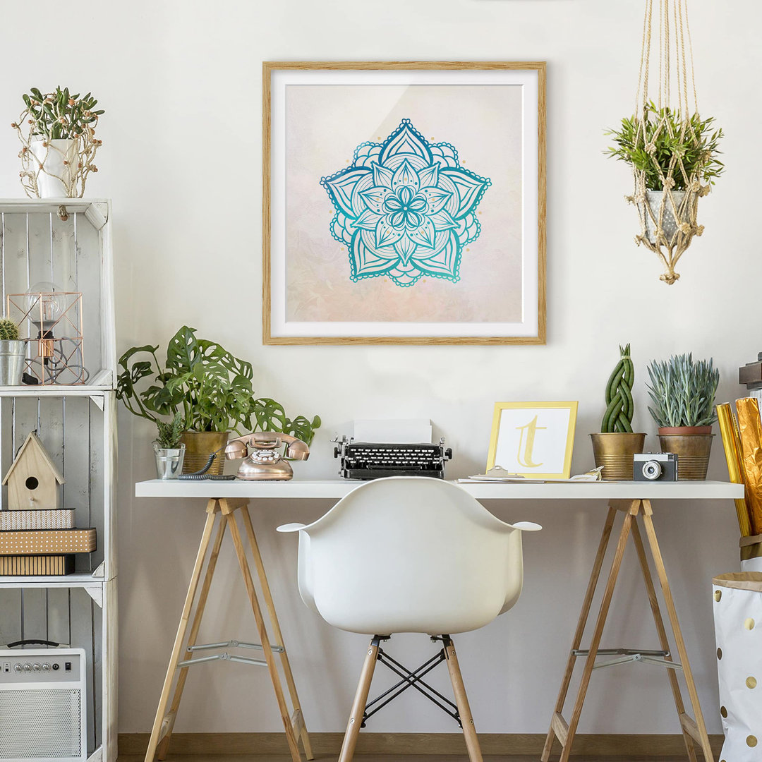 Gerahmtes Poster Mandala Illustration Mandala in Gold / Blau