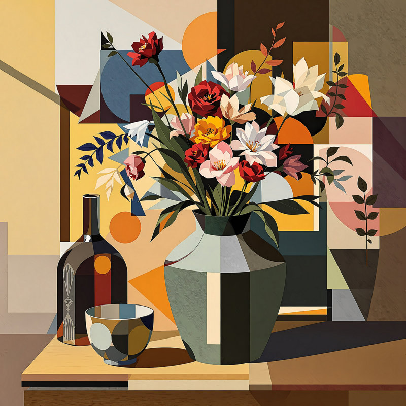 Nature morte colorée du milieu du siècle I, H 24 po x l 24 po