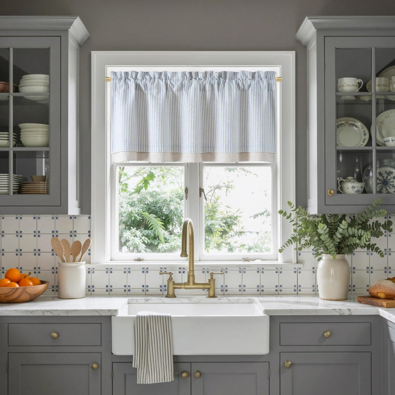  Double Layer Valance Curtains for Windows, Linen Textured Farmhouse Pinstripe Kitchen Window Treatment, Light Filtering Rod Pocket for Living Room Bathroom, 52x18, 1 Panel