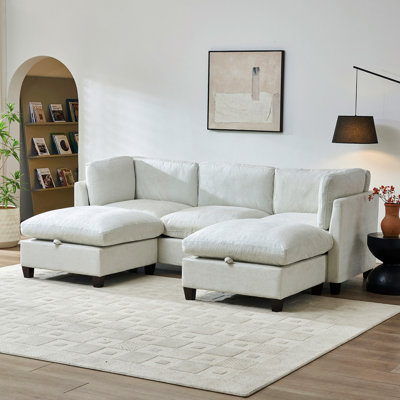 96.5"  Sectional Couch For Living Room, Upholstered Soft Chenille Fabric Sofa With Storage, 3-Seater With Two Ottomans U Shape Sofa