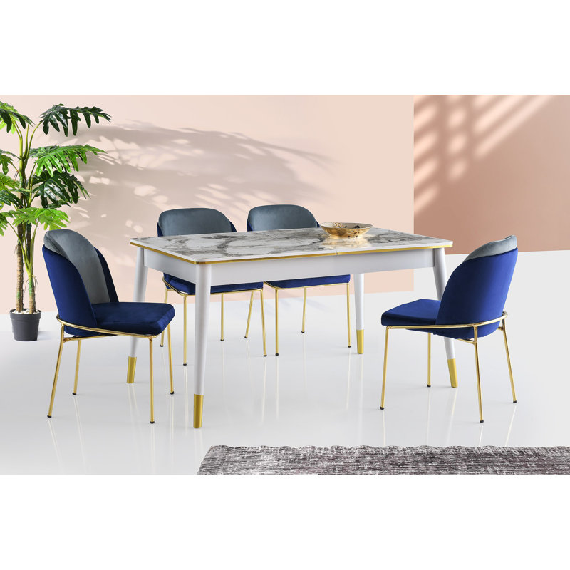 Table de salle à manger extensible, blanche et dorée, 57,5 po x 30,7 po x 31 po | 100% panneau de particules enduit de mélamine, pieds en plastique | Largeur étendue: 71,3 pouces | Conception robuste, capacité de 80,6 lb | Parfait pour les salles à manger et les réceptions modernes