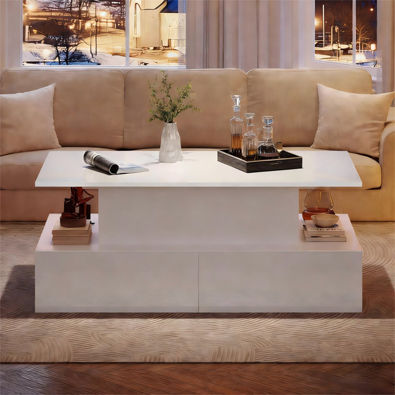 Table basse à hauteur réglable 35,4 po avec DEL et quatre tiroirs Fairmont, Blanc