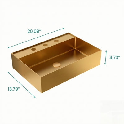 Lavabo de salle de bain intégré haut de gamme en acier inoxydable doré brossé, lavabo rectangulaire avec trois trous de robinetterie pour installation sur meuble-lavabo moderne