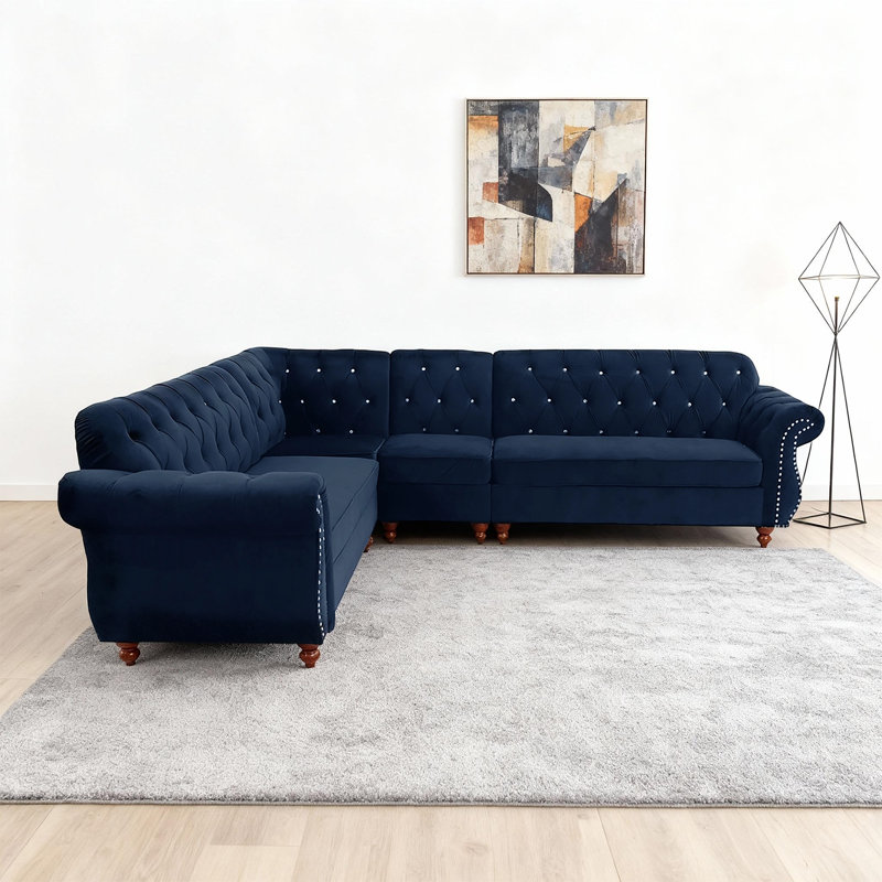 Canapé modulaire 4 pièces de luxe avec coutures en losange et accoudoirs à volutes, Indigo