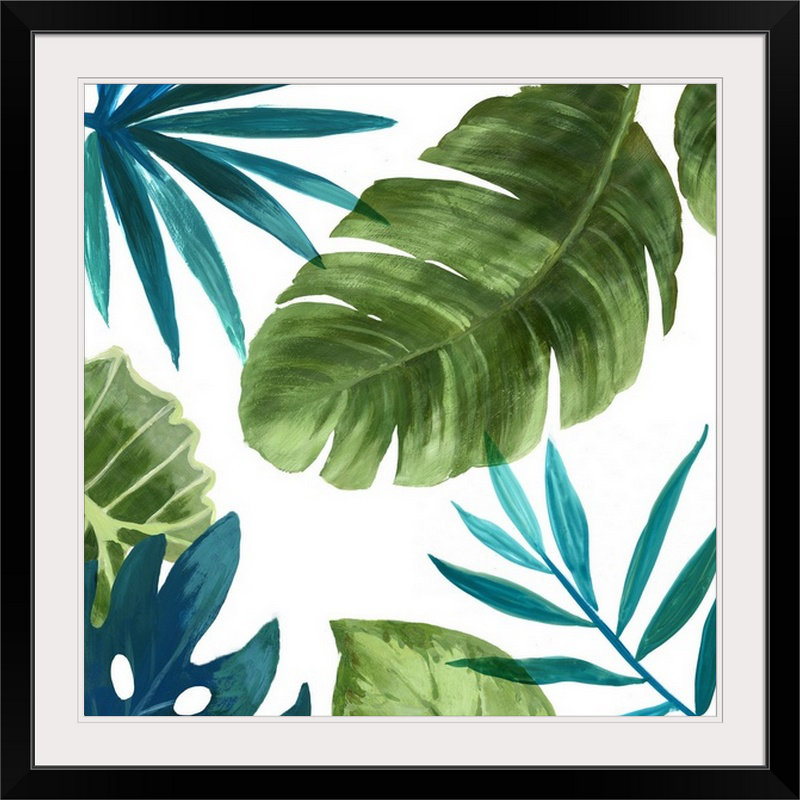 «Tropical Leaves II» par Asia Jensen, reproduction d'art, H 32 po x l 32 po x P 1 po, Cadre noir