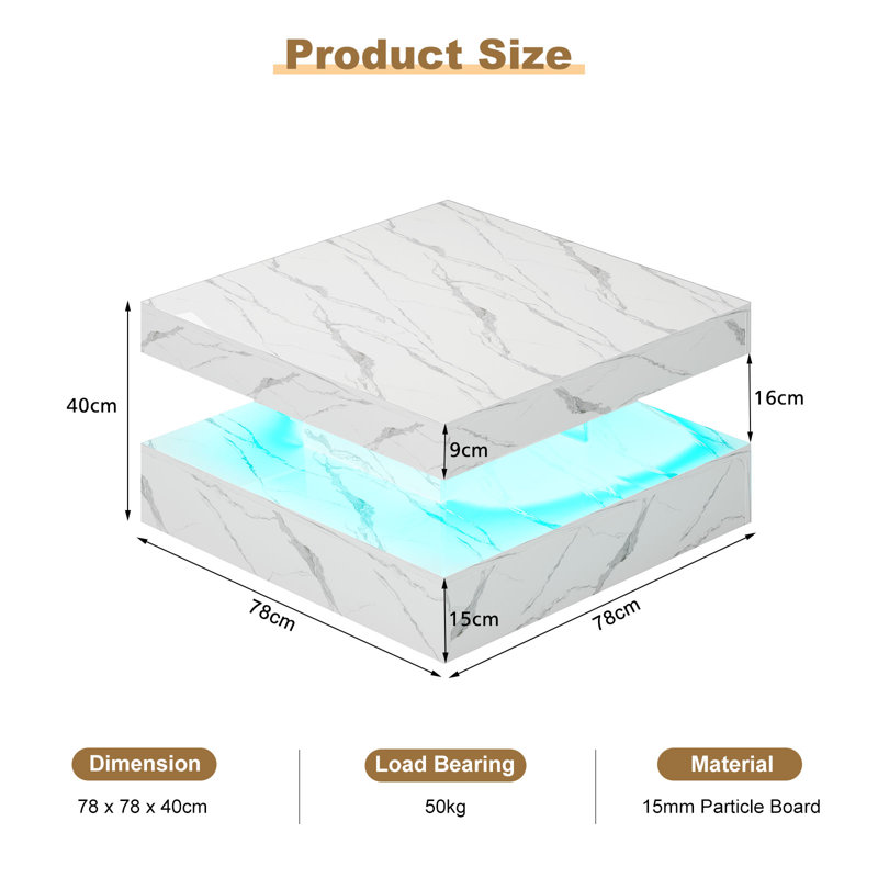 Charvez High-Gloss Coffee Table with 16 Colors LED Lights, White Marble, 40cm H x 78cm W x 78cm D