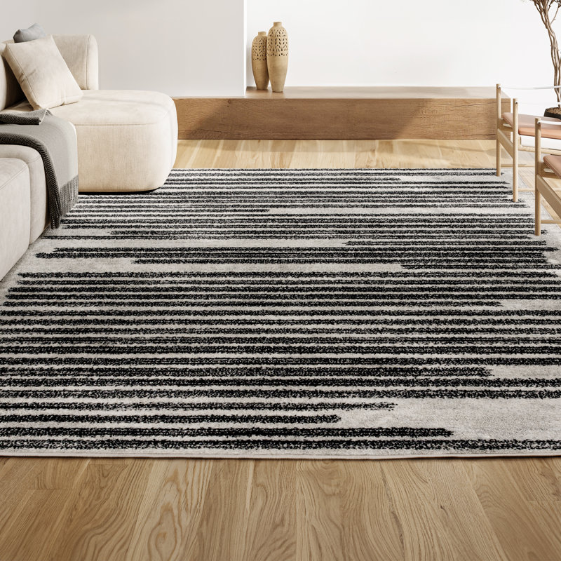 Augie Modern Berber Stripe Cream/Black Rug, Rectangle 7'9" x 10'