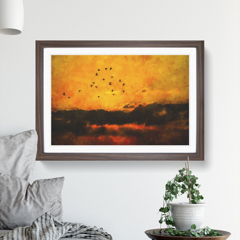 Birds and Orange Sunset - Picture Frame Painting, Walnut Framed, 27cm H x 36cm W x 2cm D