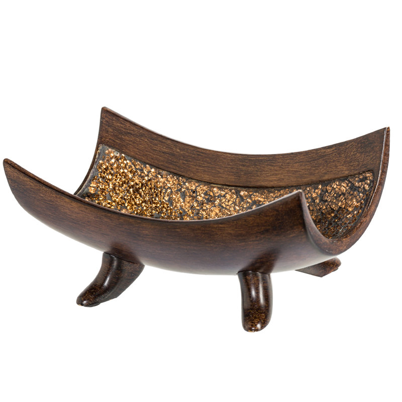 Handcrafted Walnut Decorative Bowl with Stand and Mosaic Design