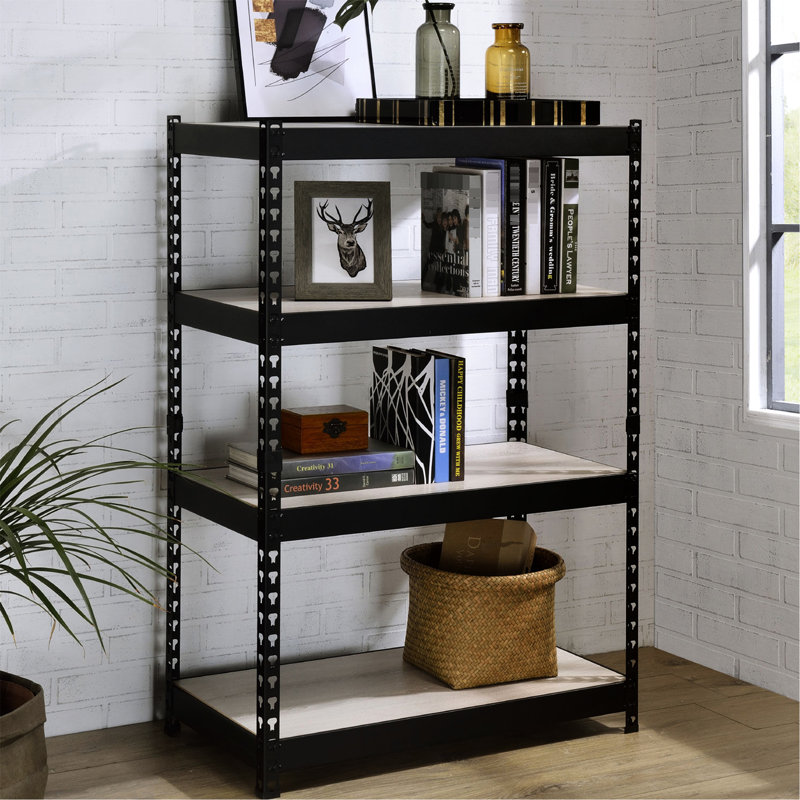 4 Tier Rectangular Bookcase With Adjustable Shelf Option, Metal Structure In Black Tone, Natural Color Mix, Kd Design For Easy Assembly, 32 Deep Of This Product, 17 Wide 48 High Product Shelves