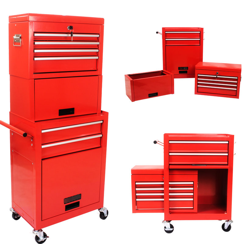 6 Rolling Tool Chest With Detachable Box - Metal, Red For Workshop Metal Storage 4 Wheels Cabinet, Red