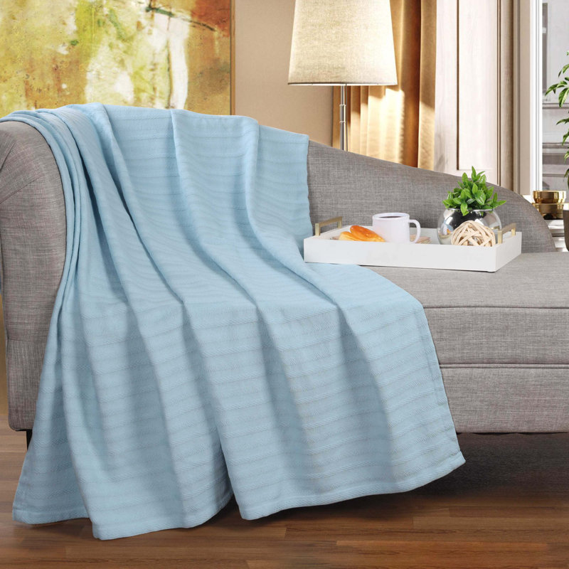 Couverture à rayures jacquard 100% coton Superior Clara, Lit simple, Bleu pâle