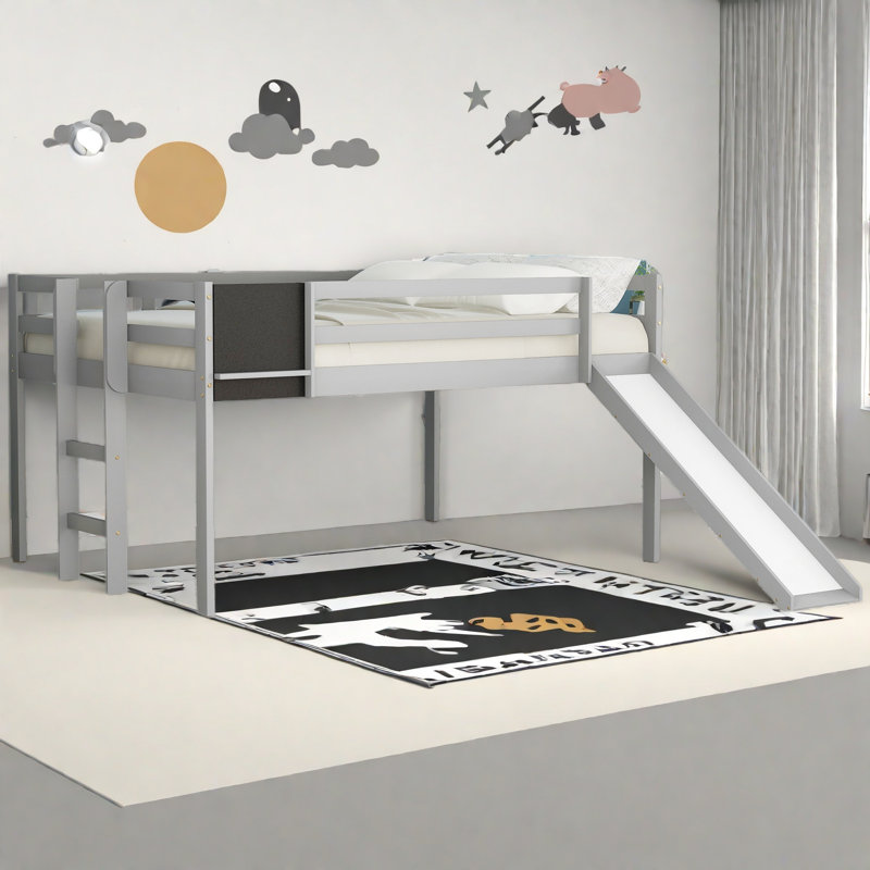 Lit mezzanine avec glissade, escalier et tableau noir, Gris, Lit double