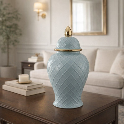 Ellport Stoneware Ceramic Decorative Jar with Lid - Traditional Home Decor Accent, Stylish Storage Container, Versatile Display Piece - 14", Blue & Gold
