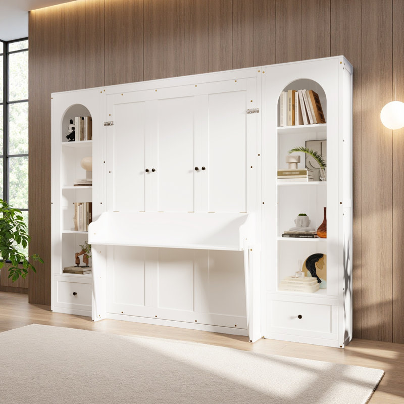 Grand lit plateforme escamotable avec tablette, armoires latérales, tiroirs et DEL, Blanc