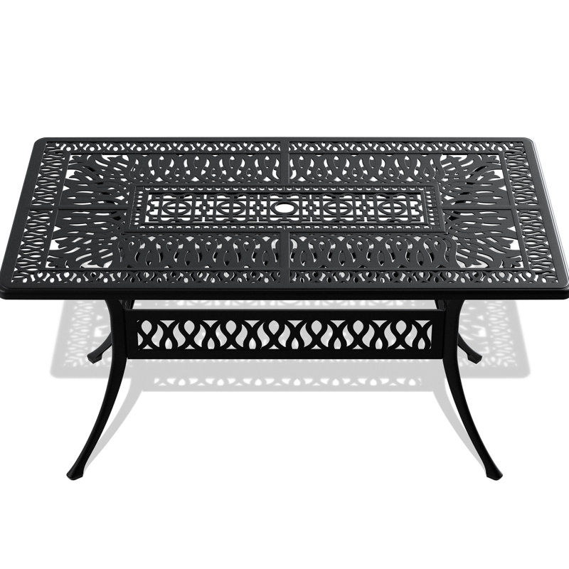 Outdoor Patio Dining Table - Construction, Black, Rectangular, Umbrella Hole, Space Stacking Design Cast With Hole Weather , 6