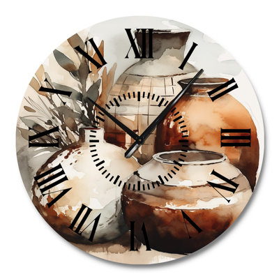 Brown And Cream Earthen Elegant Vase I - Boho Pottery Black Face Wall Clock