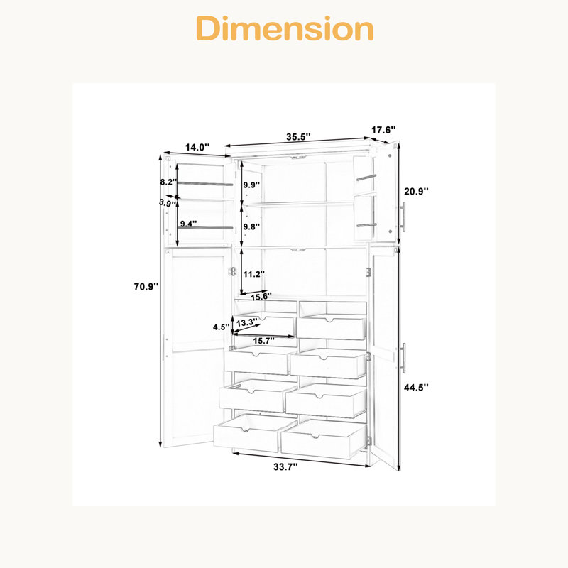Armoire de cuisine autoportante, armoire de rangement haute avec 4 portes, 2 tablettes de porte, 8 plateaux coulissants et tablette réglable pour la salle à manger