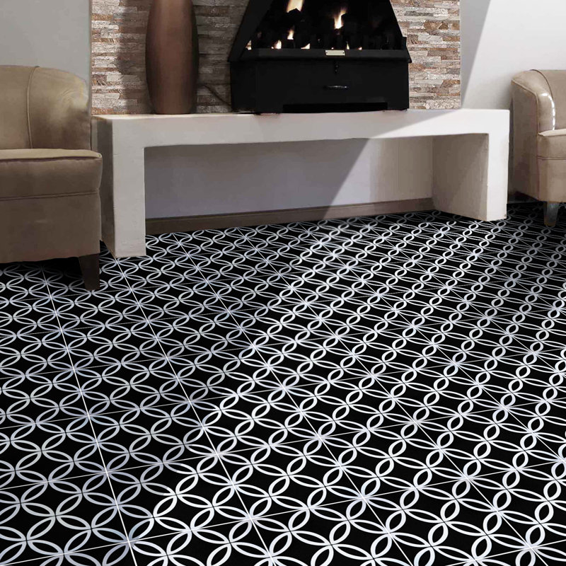 Amlo 8" x 8" Cement Patterned Wall & Floor Tile, Black/Gray