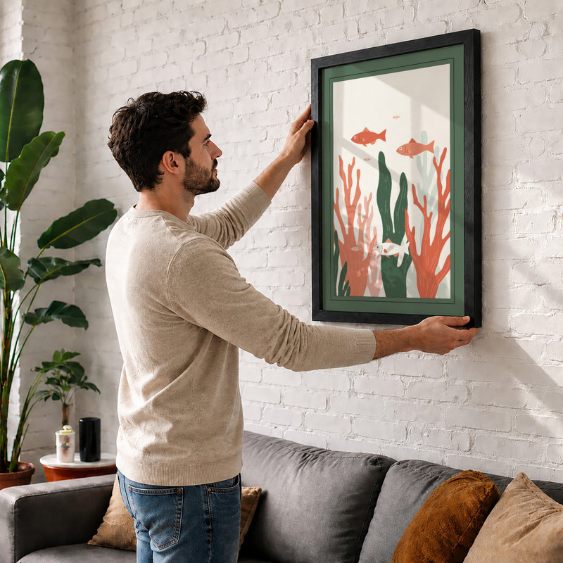 Fish Among Kelp Coastal - Framed Print, A4 - 29.7 x 21.0 cm, Walnut