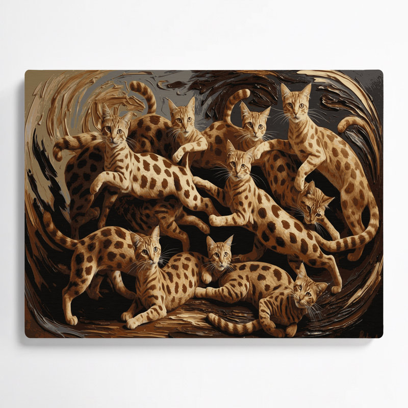 Cats Ocicat, art mural en métal noir, H 132 po x l 168 po x P 0,05 po