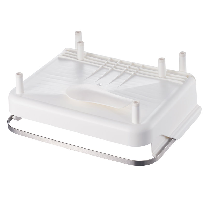 Expandable White and Stainless Steel Dish Drying Rack with Utensil Cup