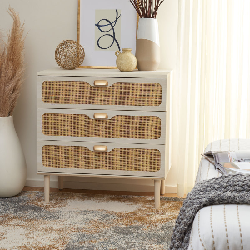 Commode 3 tiroirs Irelia, Blanc blanchi / rotin naturel