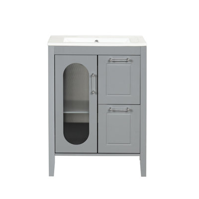Meuble-lavabo moderne à 2 tiroirs, meuble-lavabo à tablette réglable, gris, bois massif et meuble-lavabo moderne