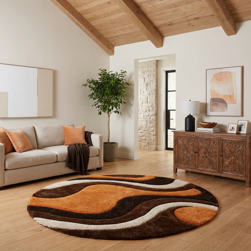 Kadir Abstract Handmade Shag Orange/Brown Area Rug, Round 7'