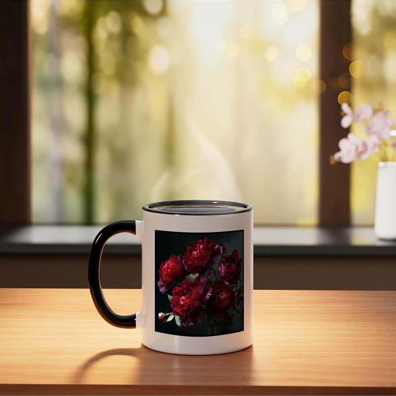 Dark Red Peonies Ceramic Mug, 11oz, Black
