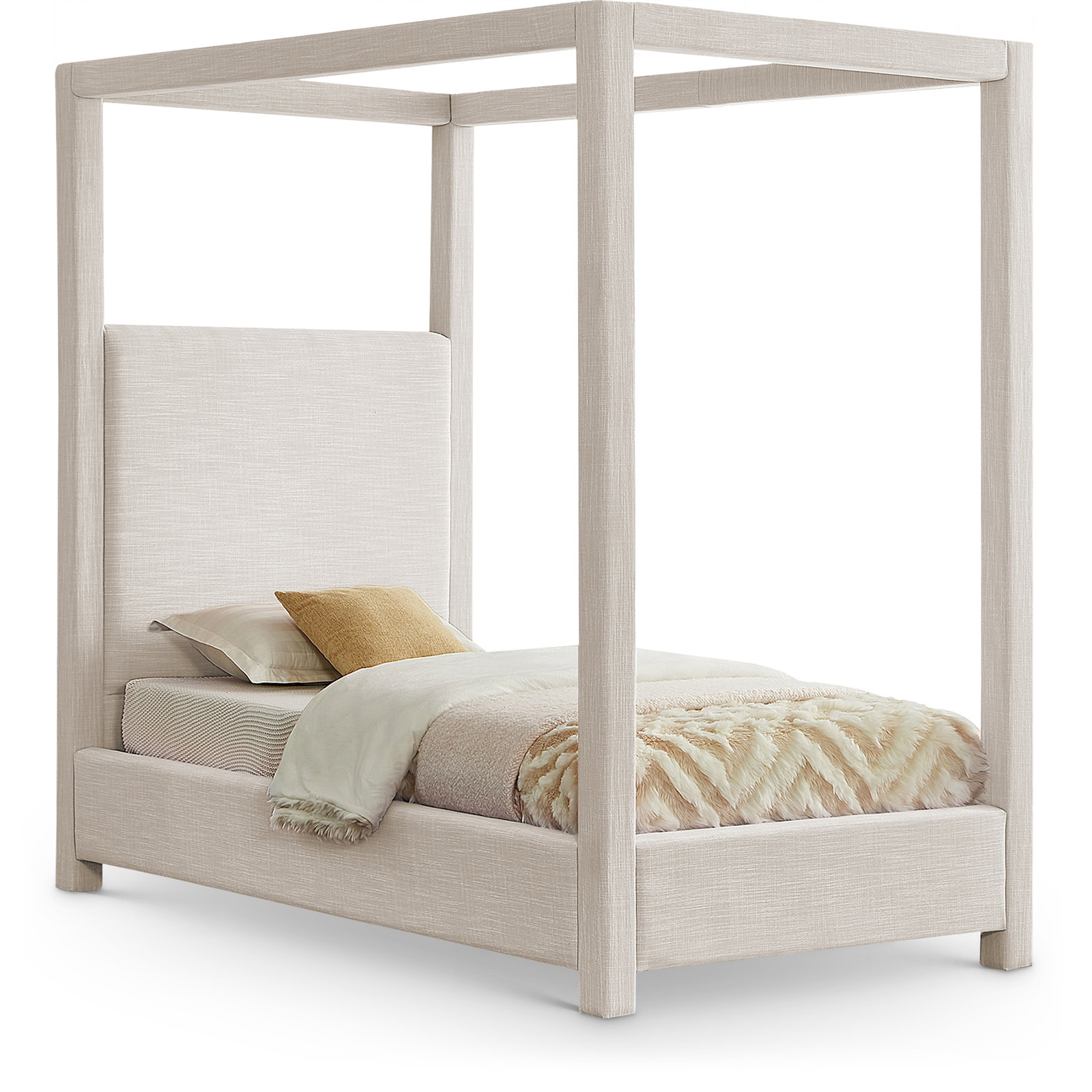 Mistaya Upholstered Canopy Bed, Twin, Cream Linen