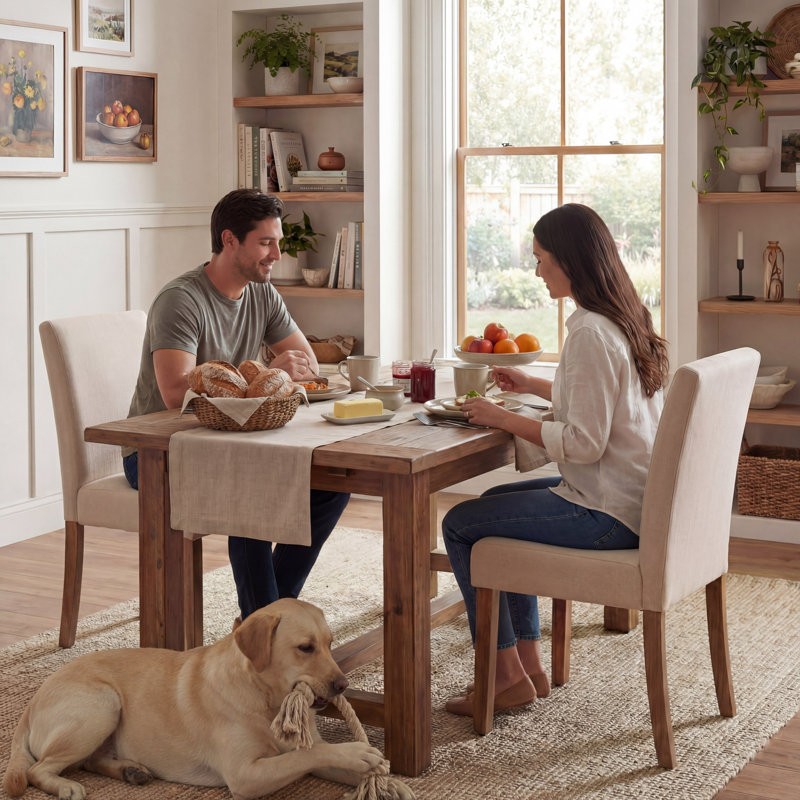 Upholstered Dining Chair, Beige Fabric Side Chair, Armless Modern Kitchen Chair with Solid Wood Legs, Beige
