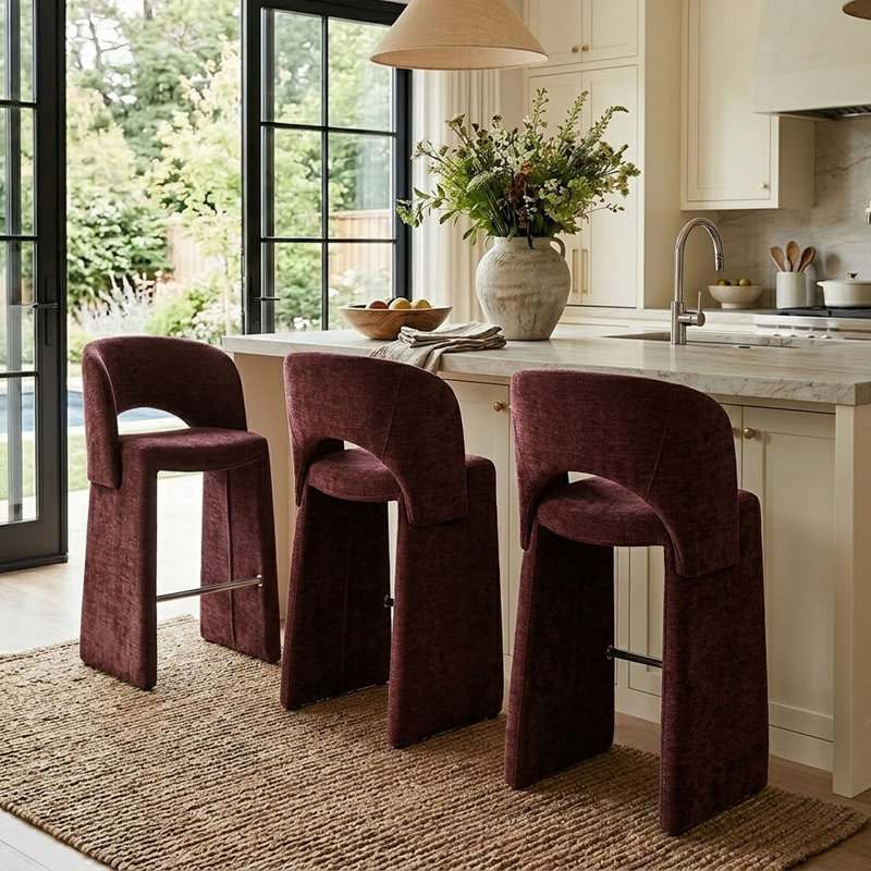 Tabouret de comptoir moderne 26,5 po entièrement revêtu de chenille, Bourgogne