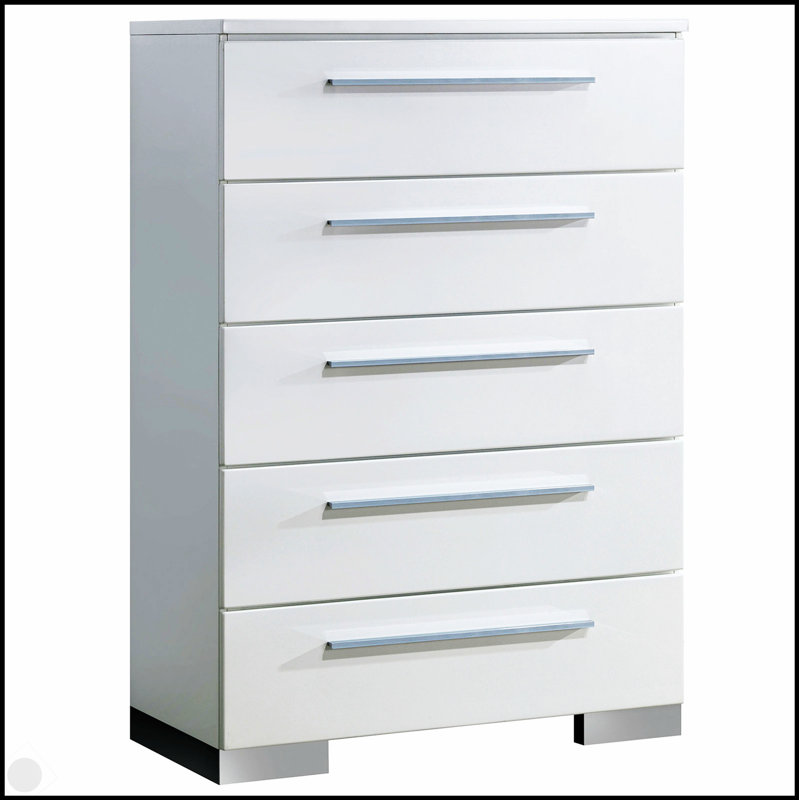 Commode 1 pièce de style contemporain avec cinq tiroirs en queue d'aronde, poignées chromées et finition blanche ultrabrillante pour les chambres à coucher modernes