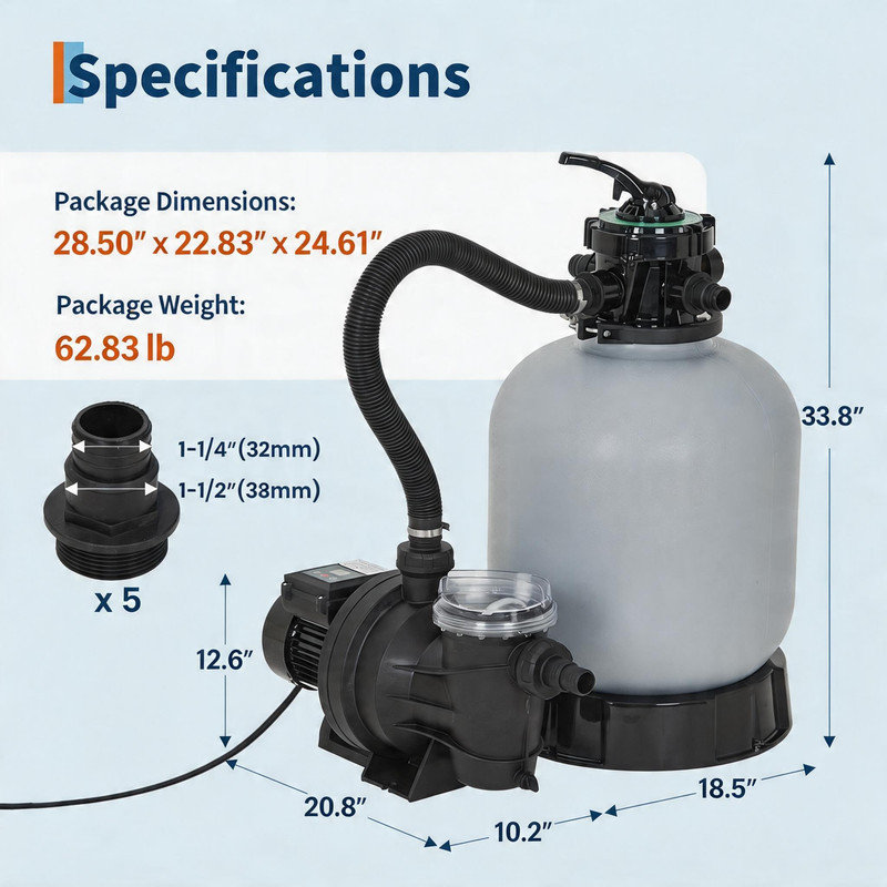 Pompe à sable pour piscine hors-terre 19 "- 1,5HP, 6075 GPH, valve à 7 voies, grand panier, minuterie