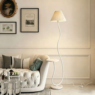 Creamy Pleated Marble Floor Lamp With Tray And 3-color Light For Reading