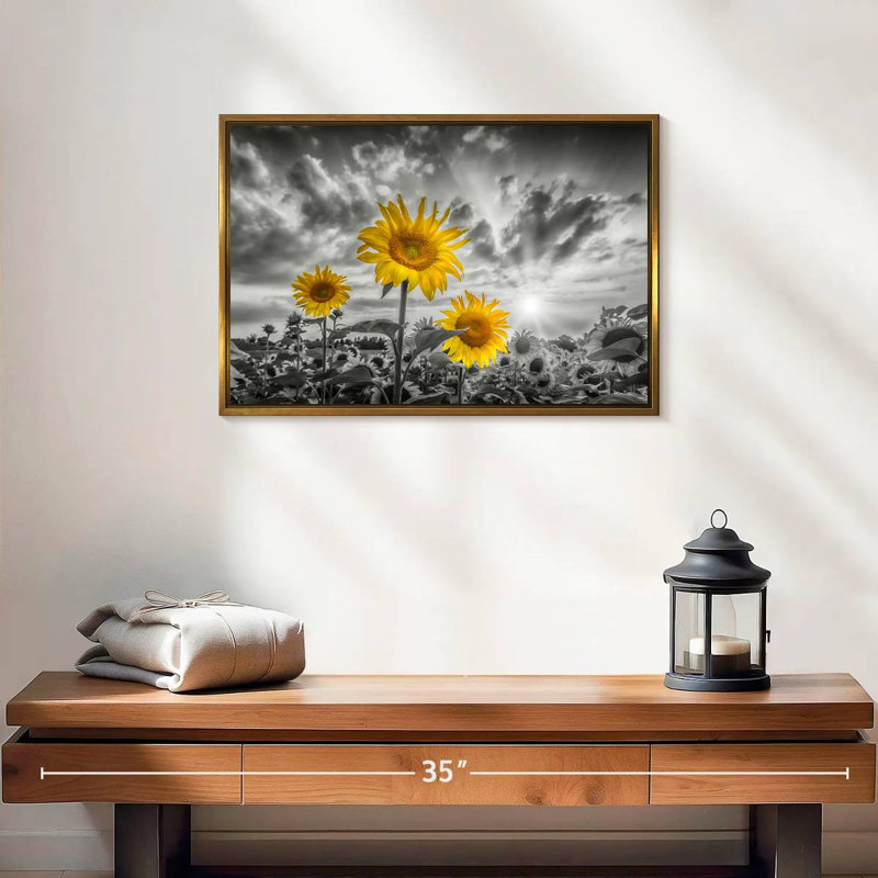 Tournesols de couleur jaune coucher de soleil, 19 po x 13 po, Cadre flottant doré