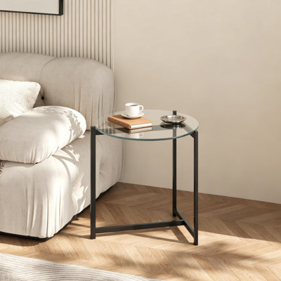 Table basse ronde en verre de 16 pouces, plateau en verre trempé transparent avec structure en métal noir robuste, table d'appoint moderne ou table de bout pour le salon, la chambre à coucher, le bureau et les petits espaces