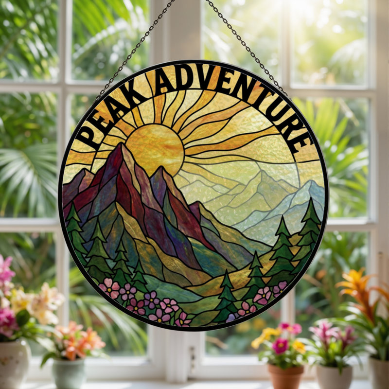 Panneau de vitrail H 7,8 po Mountain Sunrise, H 7,8 po x l 7,8 po