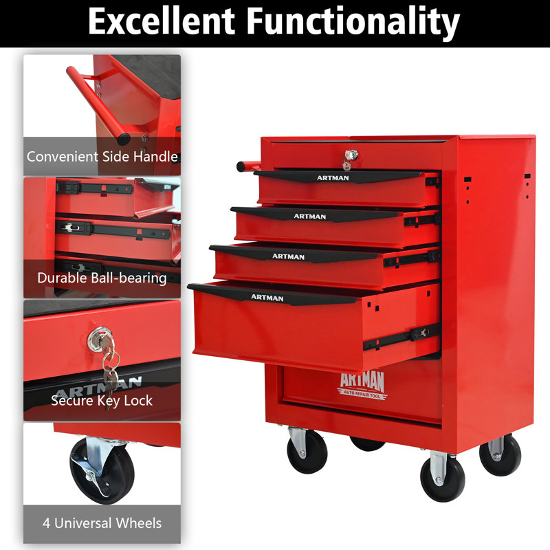 Coffre à outils roulant en métal avec 5 tiroirs, armoire à outils à 5 tiroirs de 20 po avec glissières à roulement à billes, coffre à outils en acier - rouge et noir