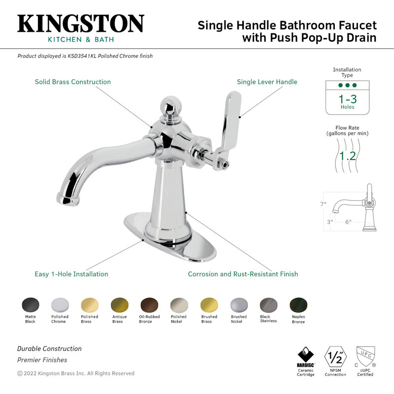 Kingston Brass Knight Single-Handle 1-Hole Deck Mount Bathroom Faucet with Push Pop-Up and Deck Plate, Naples Bronze