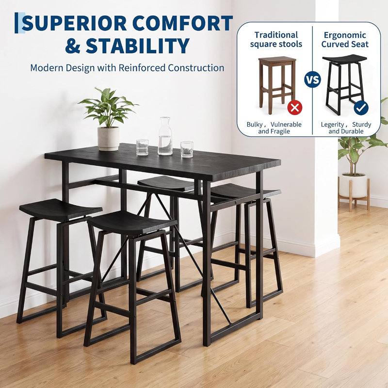 Industrial Dining Table Set, with 4 Stools, Black