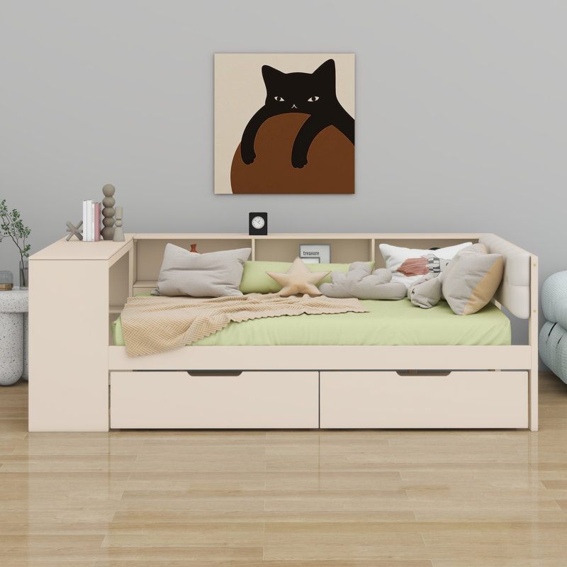 Lit plateforme avec tablettes de rangement, tiroirs, station de charge et tête de lit tapissier, Lit double, Crème, crème