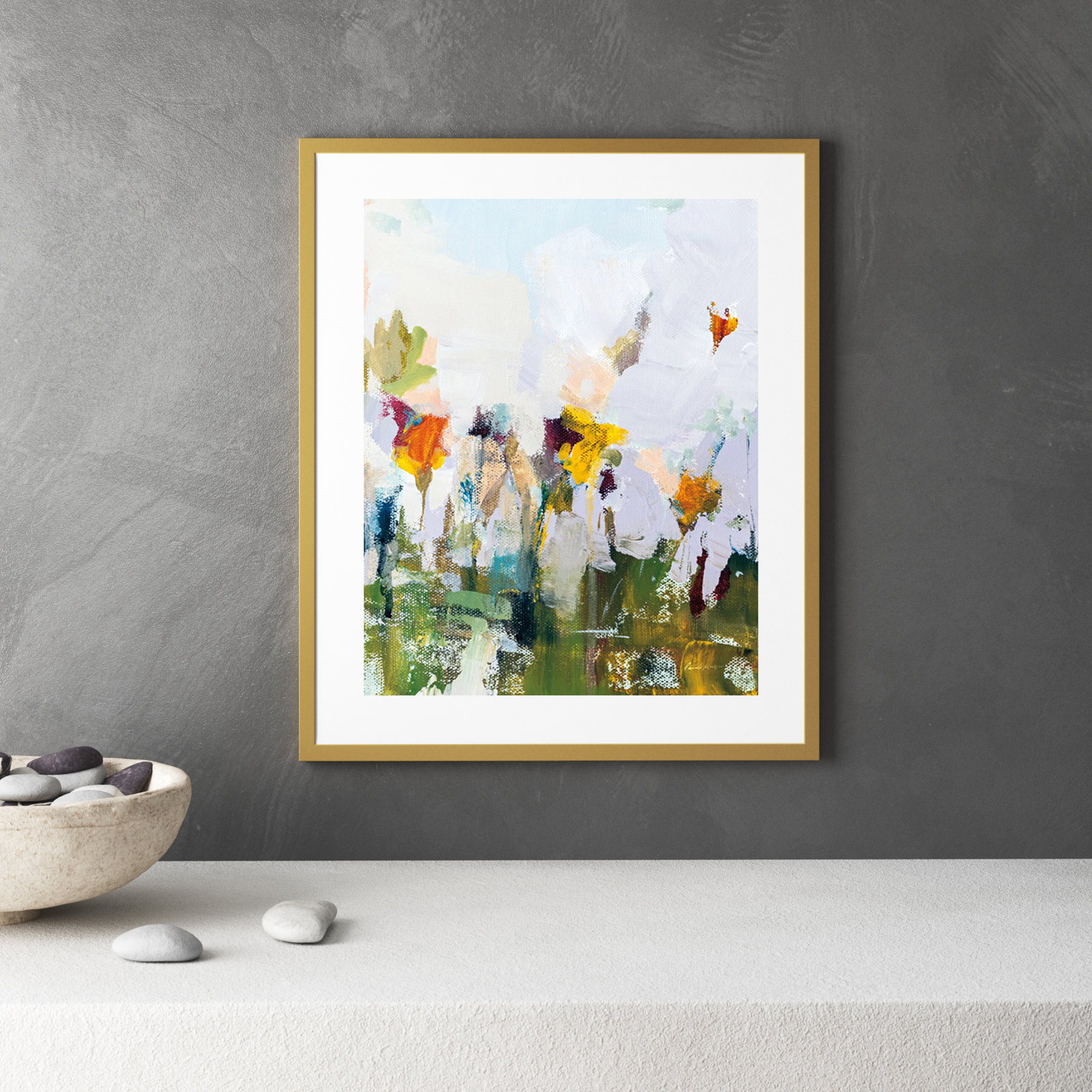 Spontaneous Summer Flowers Painting, Gold, 33.25" H x 27.8" W x 0.88" D
