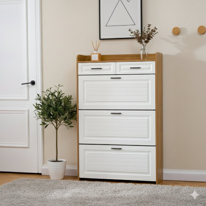 Shoe Cabinet With Three Concealed Flip-Up Doors And Two Standard Drawers, Particle Board Narrow Storage Unit, Freestanding Organizer For Entryways And Hallways (White And Walnut Combination)